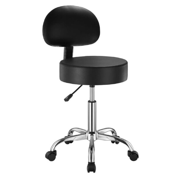 Round Rolling Stool, PU Leather Rolling Stool with Backrest, 360x Swivel Drafting Stool with Thickened Cushion, Height Adjustable Rolling Work SPA Stool, for Office, Home, Salon & Bar, Black