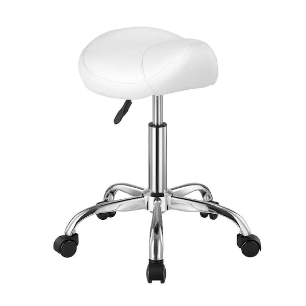 Saddle Rolling Stool, PU Leather Rolling Stool with Wheels, 360x Swivel Drafting Stool with Thickened Cushion, Height Adjustable Rolling Work SPA Stool, for Office, Home, Salon & Bar, White