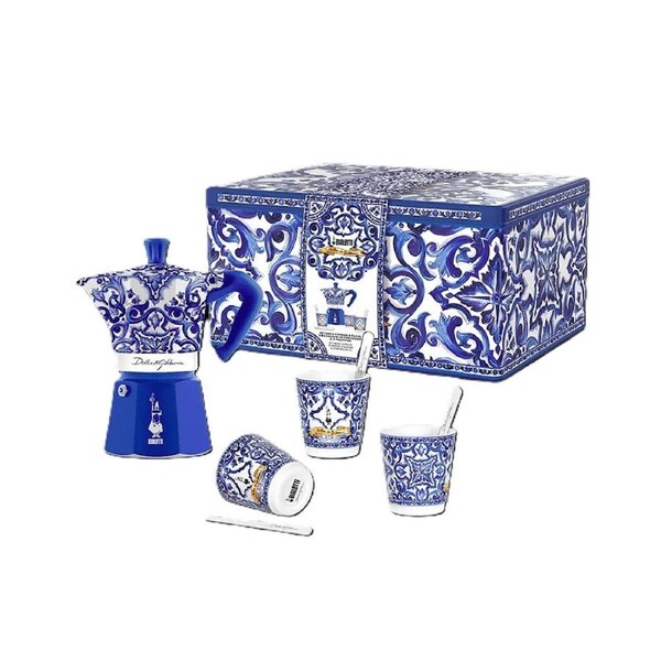 Bialetti Dolce & Gabbana Gift Set - Moka 6 Cup + 3 Cups + Stirrers - Blue