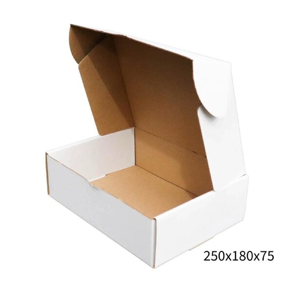 250x180x75mm White Cardboard Mailer Box – Self-Locking Die-Cut 100pk