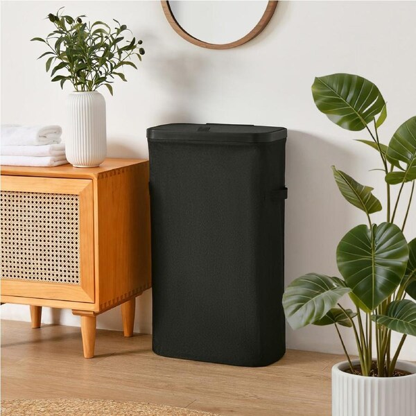 Sherwood Voyager Slim Laundry Hamper 40L Faux Linen 22x39x67cm Black
