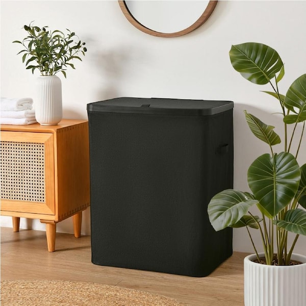 Sherwood Voyager 2-Section Laundry Hamper 100L Faux Linen 56x40x67cm Black