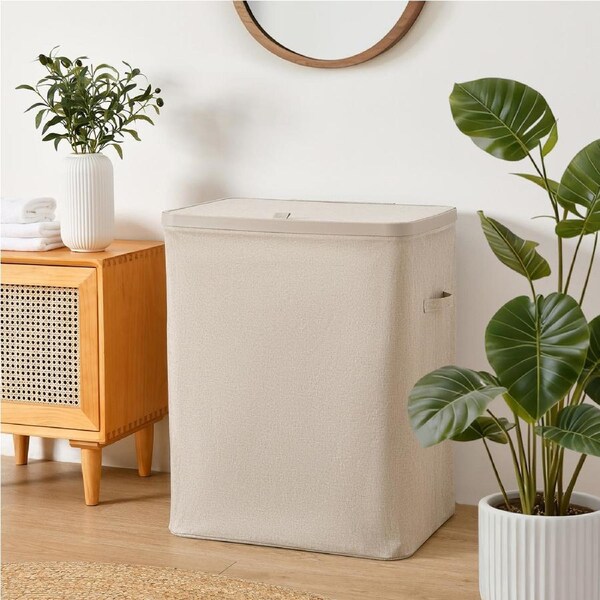 Sherwood Voyager 2-Section Laundry Hamper 100L Faux Linen 56x40x67cm Natural
