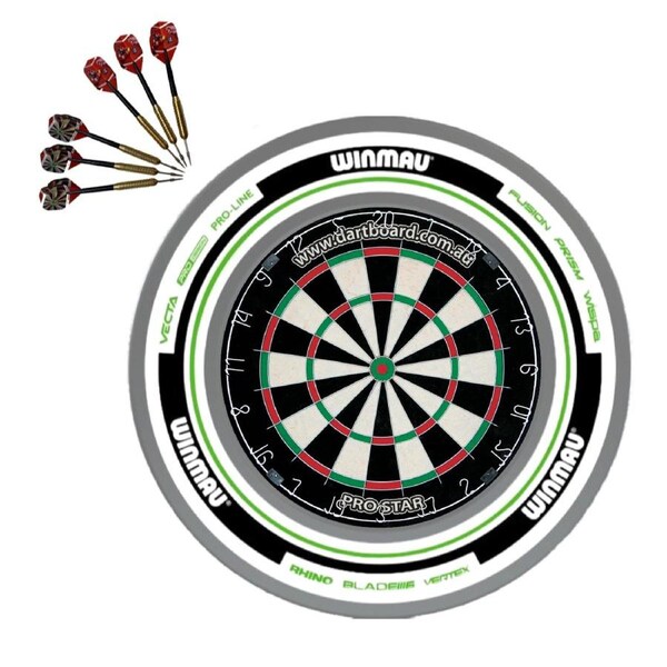 Pro Star Genuine Bristle Dart Board + Winmau Advance White Green Surround + Darts