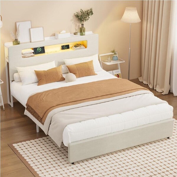 Oikiture Bed Frame Double Size with RGB LED Lights USB Charging Station Storage Headboad