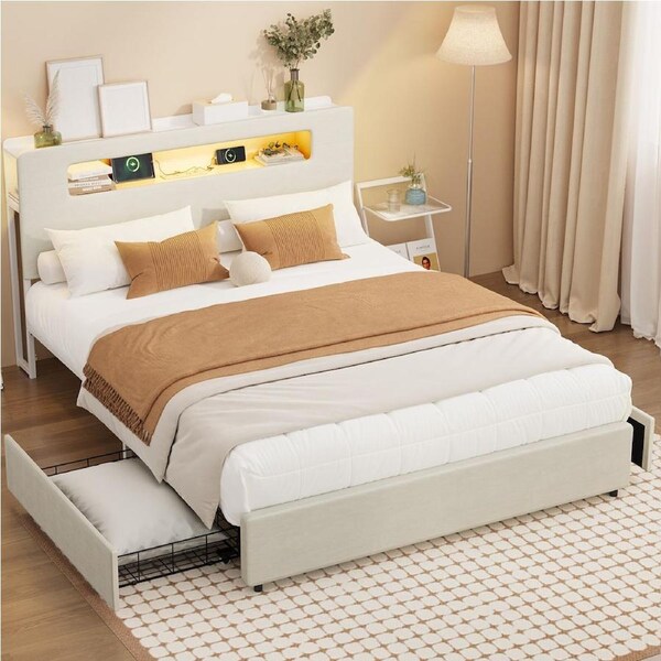 Oikiture Bed Frame Double Size 2 Drawers with RGB LED Lights USB Charging Station Storage Headboad