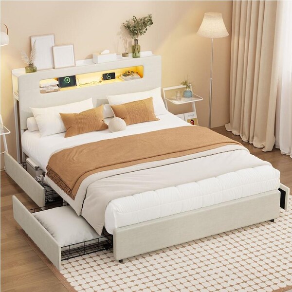 Oikiture Bed Frame Queen Size 4 Drawers with RGB LED Lights USB Charging Station Storage Headboad