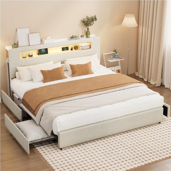 Oikiture Bed Frame King Size 4 Drawers with RGB LED Lights USB Charging Station Storage Headboad