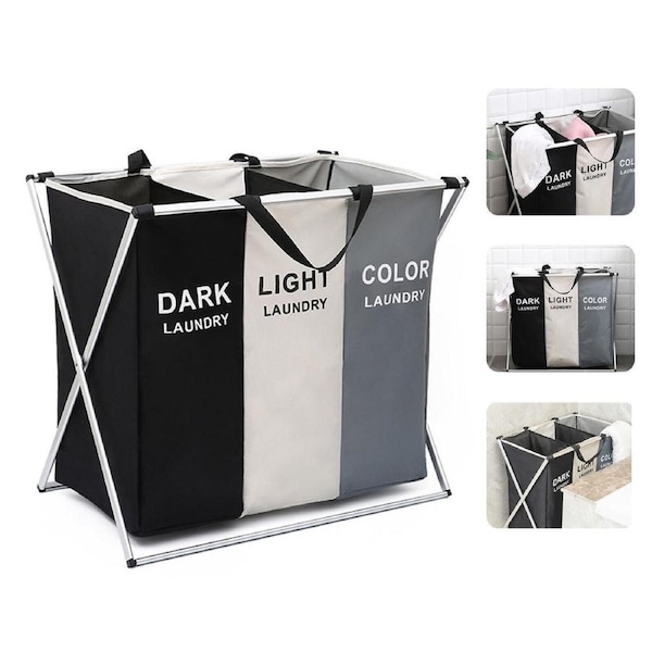 Collapsible 3-Section Laundry Hamper & Organizer - Space-Saving Wash Bin