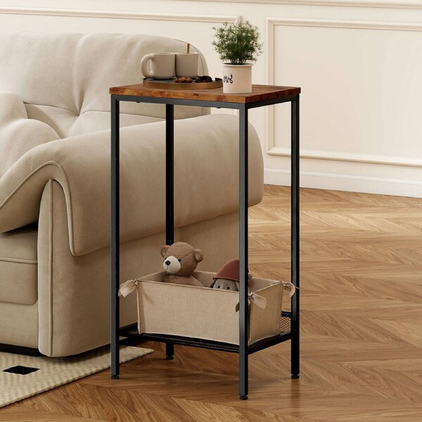 2-Tier Side Table Bedside Table with Metal Frame - Brown