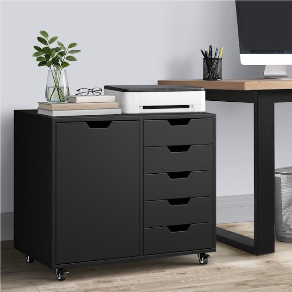 Oikiture Filing Cabinet 1 Door 5 Drawer Mobile Office Storage Cabinet Black