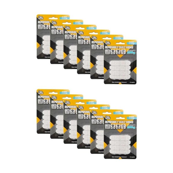 12x 12pc Tool Masters Removeable Cable Hooks Set Holds 200g 17x15mm Clear