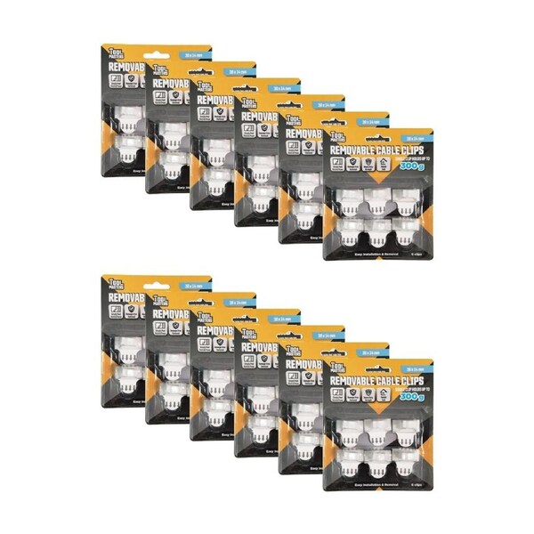 12x 6pc Tool Masters Removeable Cable Clips Set Holds 300g 30x14mm White