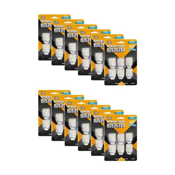 12x 6pc Tool Masters Removeable Square Hooks Set Holds 500g 27x27mm Clear