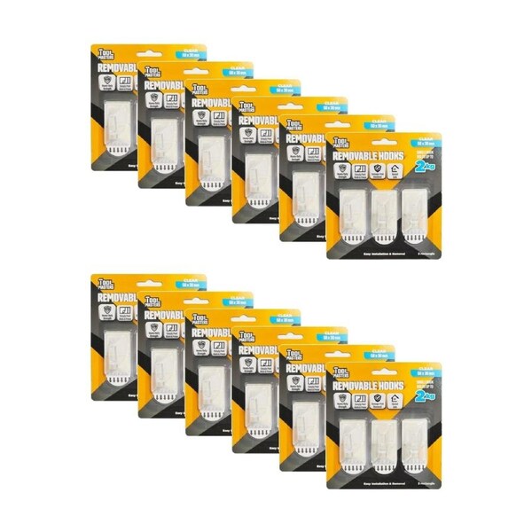 12x 3pc Tool Masters Removeable Rectangluar Hooks Set Holds 2kg 50x30mm Clear