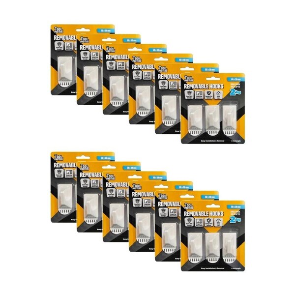 12x 3pc Tool Masters Removeable Rectangluar Hooks Set Holds 2kg 50x30mm White