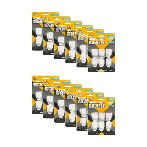 12x 6pc Tool Masters Removeable Square Hooks Set Holds 500g 27x27mm White