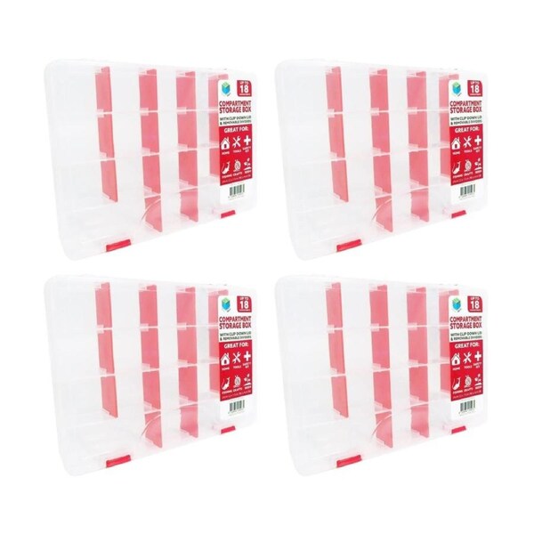 4PK Braz Multi-Compartment Storage Box W/ 18 Dividers Sections 24x17x4cm Clear