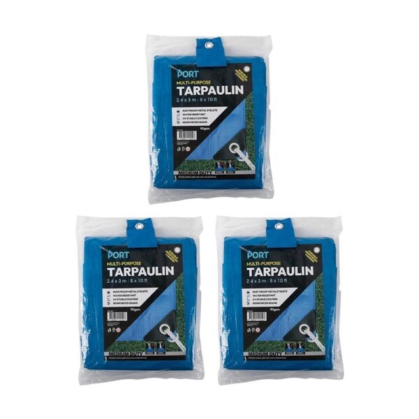 3PK Port Water Resistant UV Stable Outdoor Tarp 8x10ft 244x305cm Blue