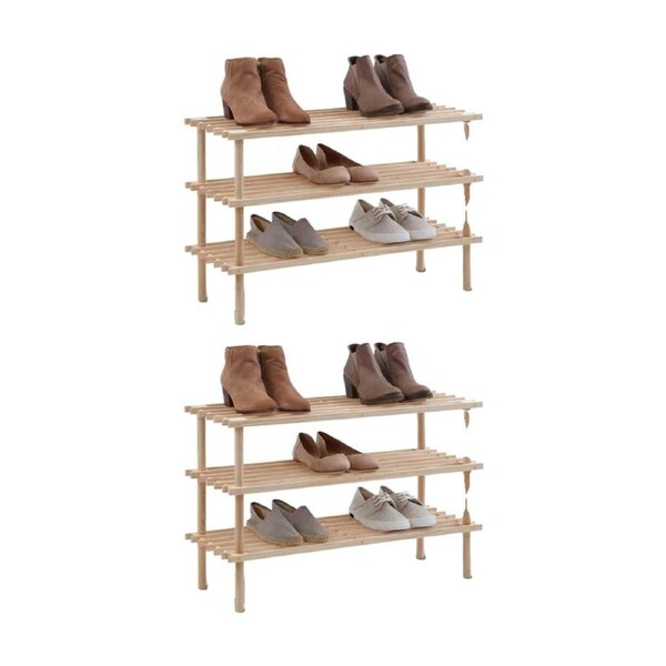 2PK Braz Wooden 3 Tier Shoe Rack Organiser Up To 9 Pairs 74x26x48cm Natural