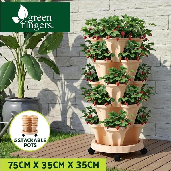 Green Fingers Garden Bed 5 Tier Vertical Garden Grey Strawberry Stackable Planters Herbs Beige
