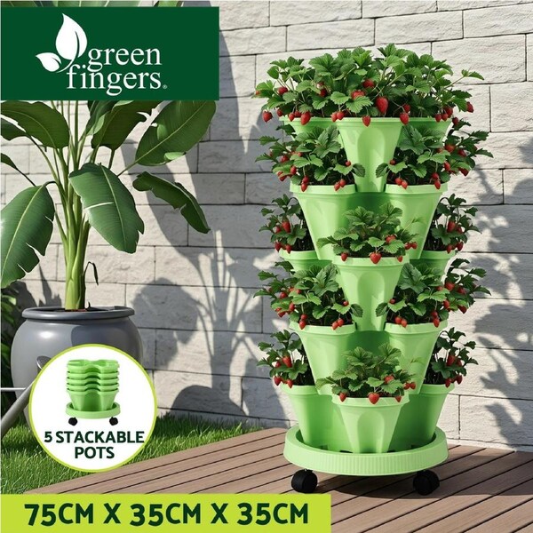 Green Fingers Garden Bed 5 Tier Vertical Garden Grey Strawberry Stackable Planters Herbs Light Green
