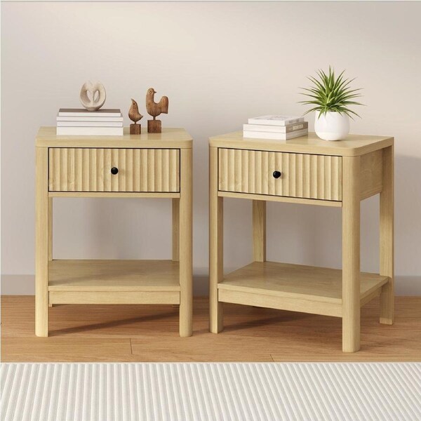 Oikiture 2x Bedside Table Drawer Side End Table Storage Nightstand Natural