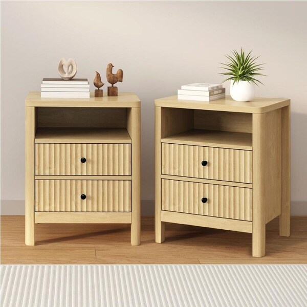 Oikiture 2x Bedside Table 2 Drawers Side End Table Nightstand Open Shelf Natural