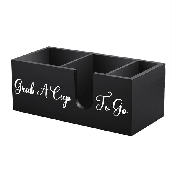 Wood Coffee Cup Straw Holder 3-Compartment for Kitchen Café Countertop Storage