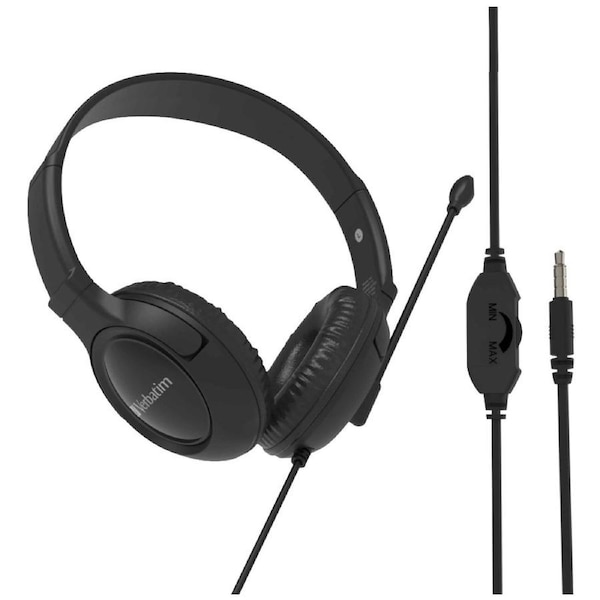 VERBATIM Multimedia Wired Overear Headset W/ Noise Cancelling Boom Mic Black