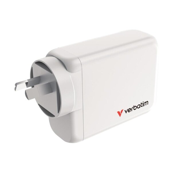 VERBATIM AU/NZ GaN Wall Plug Charger 100W USB 3C&1A 95 Percent PCR Plastic White