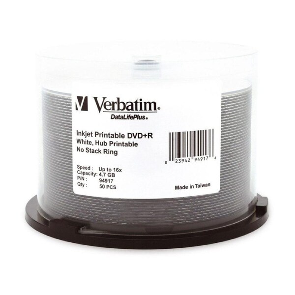 50pc VERBATIM DVD+R White Wide Inkjet 16x Speed Blank Discs 4.7GB