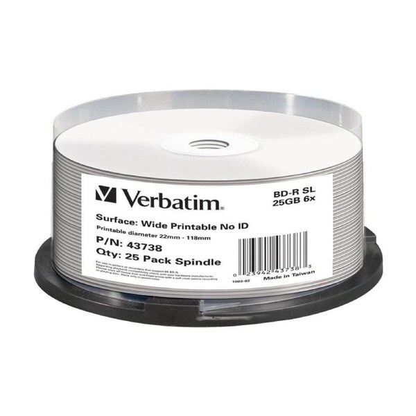 25pc VERBATIM Blu-ray Disc Recordable White Wide Inkjet Blank Discs 6x 25GB