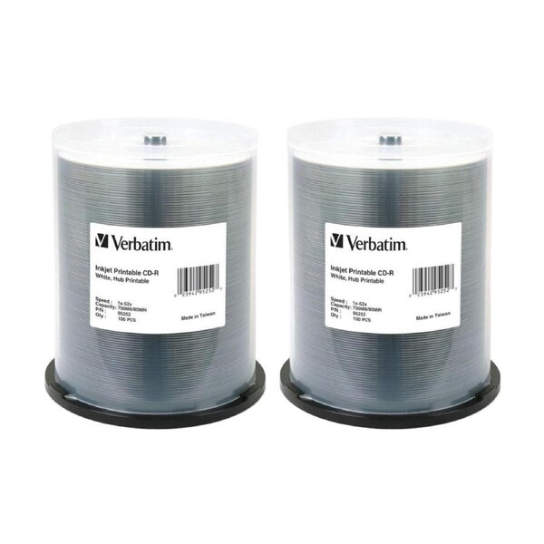 2 x 100pc VERBATIM CD-R White Wide InkJet 52x Speed Blank Discs 700MB