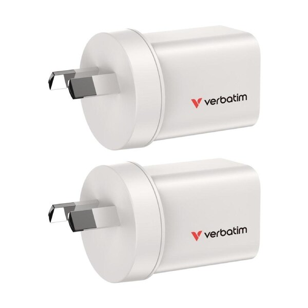 2PK VERBATIM AU/NZ GaN Wall Plug Charger 2 Port 35W USB A/C PCR White
