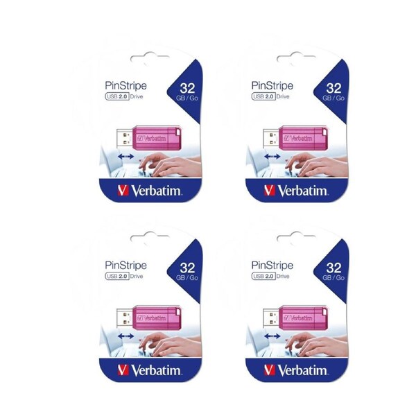 4PK VERBATIM Lightweight Pinstripe Retractable USB 2.0 Flash Drive 32GB Pink