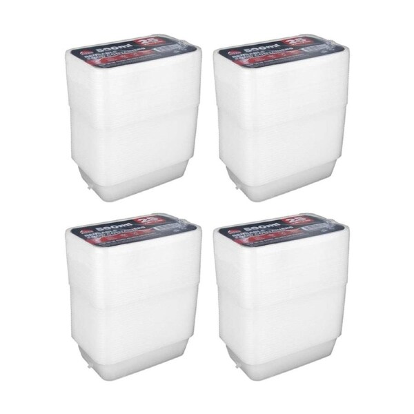 4x 25pc Braz Reusable Rectangular Food Storage Containers W/ Lids 500ml Clear
