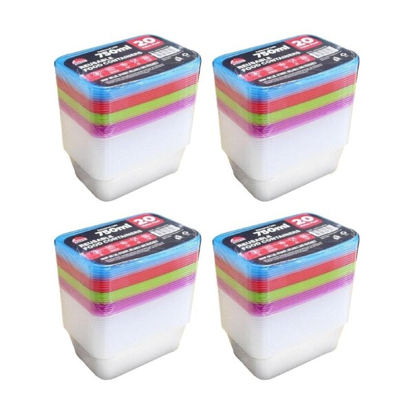 4x 20pc Braz Reusable Rectangular Food Storage Containers W/ Lids 750ml Coloured