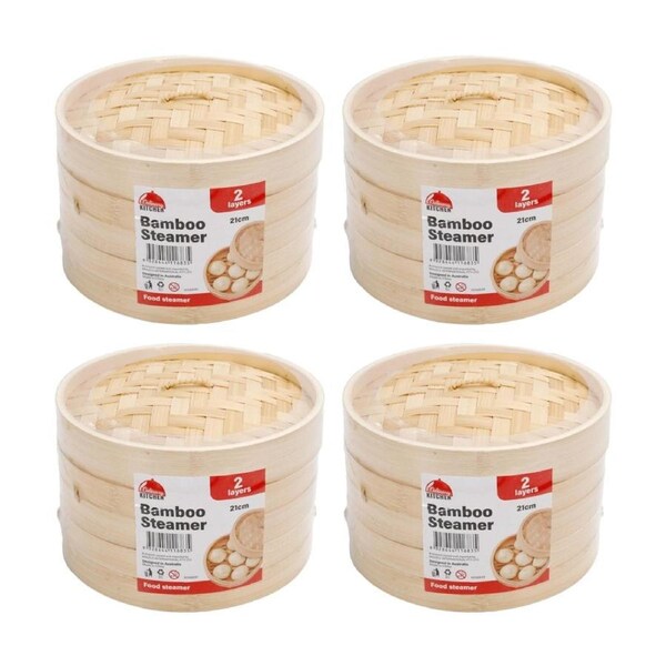 4PK Braz 2 Layer Round Woven Bamboo Steamer W/ Lid 21cm Natural
