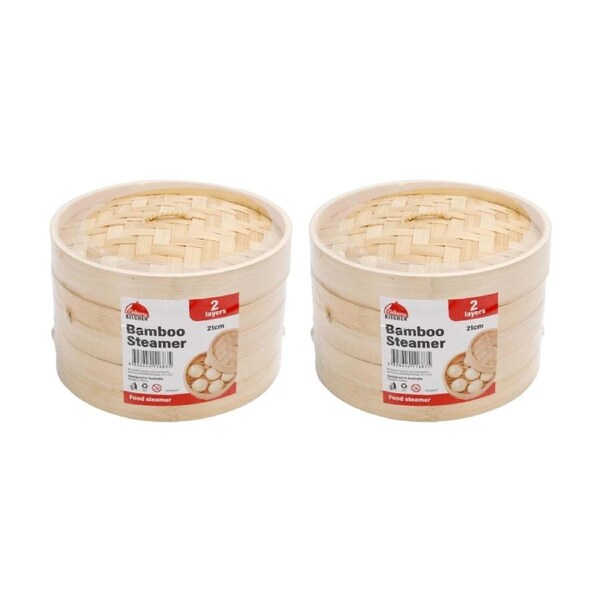 2PK Braz 2 Layer Round Woven Bamboo Steamer W/ Lid 21cm Natural