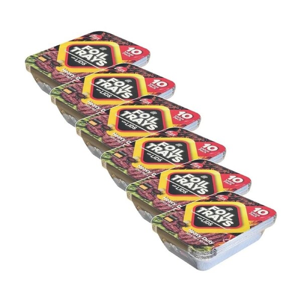 6x 10pc Braz Aluminium Foil Disposable Trays W/ Lids 22x16x5cm Silver