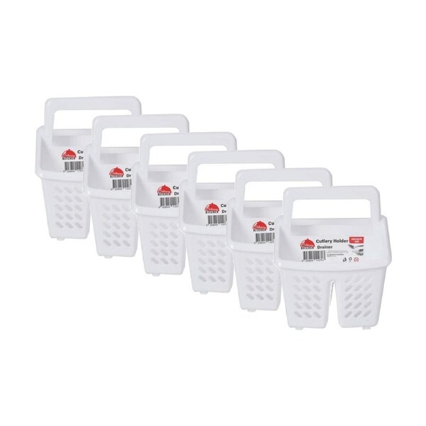 6PK Braz Plastic Perforated Cutlery Storage Holder W/ Handle 15x13x16cm White
