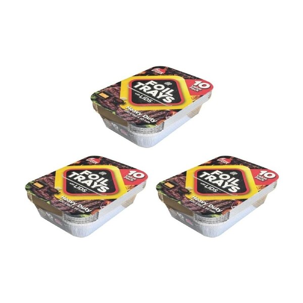 3x 10pc Braz Aluminium Foil Disposable Rectangle Trays W/ Lids 26x18x6cm Silver