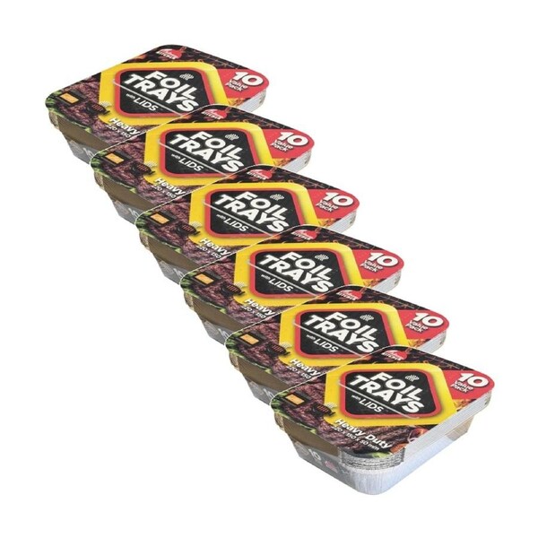 6x 10pc Braz Aluminium Foil Disposable Rectangle Trays W/ Lids 26x18x6cm Silver