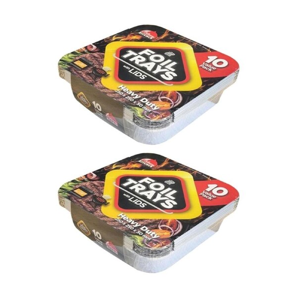 2x 10pc Braz Aluminium Foil Disposable Square Trays W/ Lids 250x250x50mm Silver