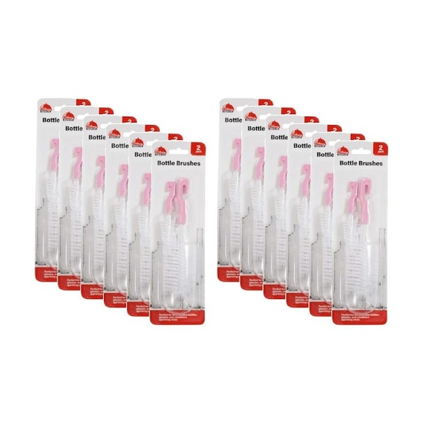 12x 2pc Braz Bottle Cleaning Brush Set W/ Hanging Hook 32cm White/Pink