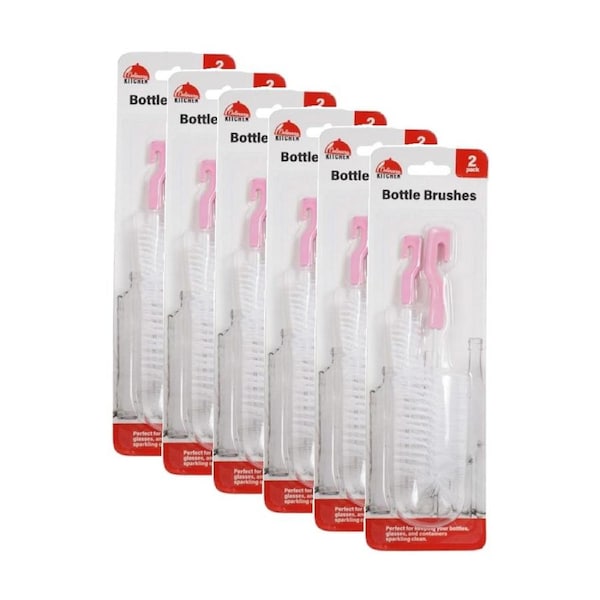 6x 2pc Braz Bottle Cleaning Brush Set W/ Hanging Hook 32cm White/Pink