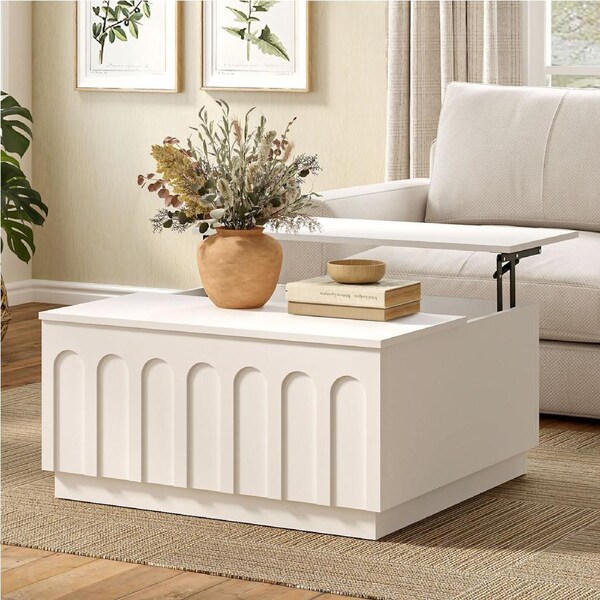 Opera Arched White Lift Top Coffee Table - Large Hidden Storage & Ergonomic Pop-up Desktop