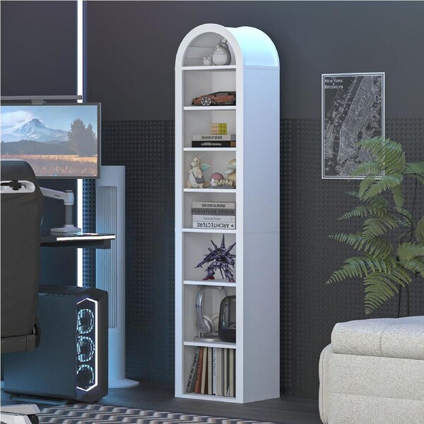 Opera Slim Arch Bookshelf - 8-Tier White Display Cabinet