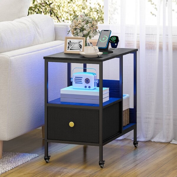 Advwin LED Side Table Sofa End Table w/ Power Outlets & Wheels Slim Bedside Table with Open Shelf & Reversible Drawer Black